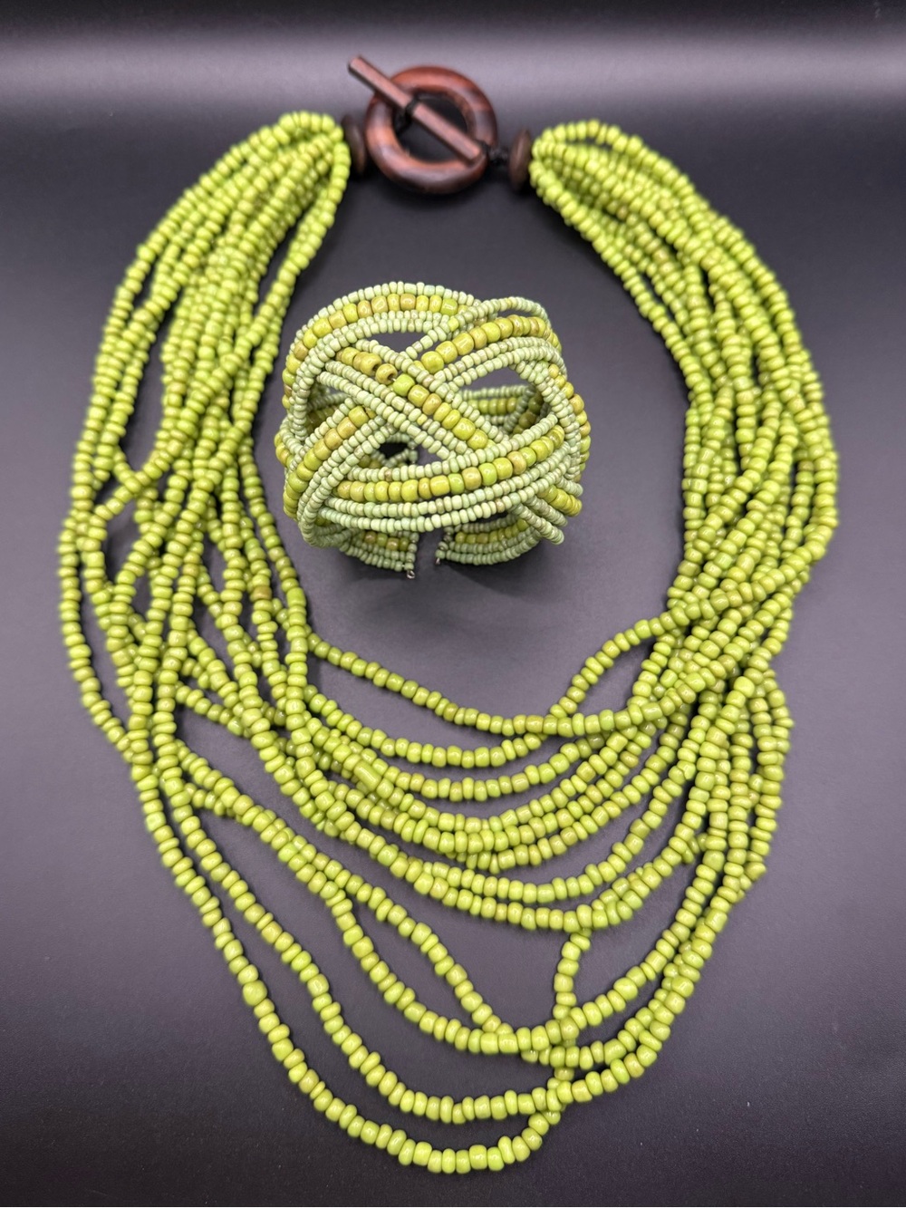 Bold Lime Green Beaded Multi-Strand Necklace with Matching Cuff Bracelet Set - Picture 1 of 10